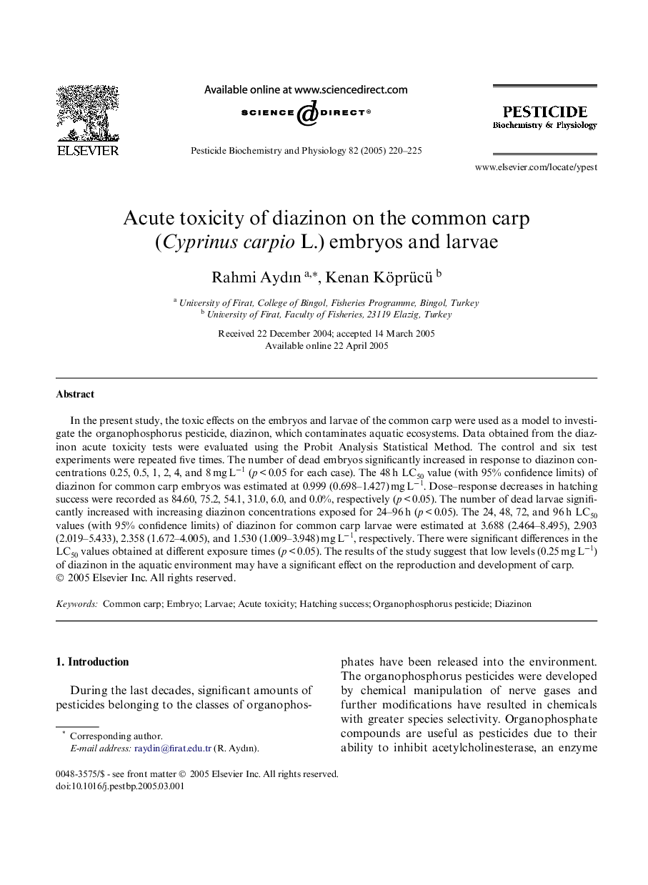 Acute toxicity of diazinon on the common carp (Cyprinus carpio L.) embryos and larvae