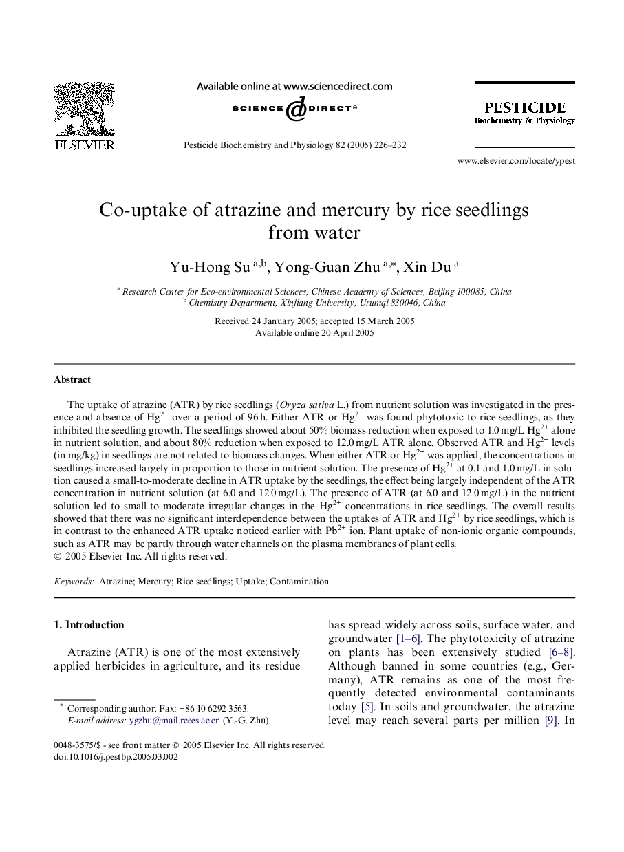 Co-uptake of atrazine and mercury by rice seedlings from water