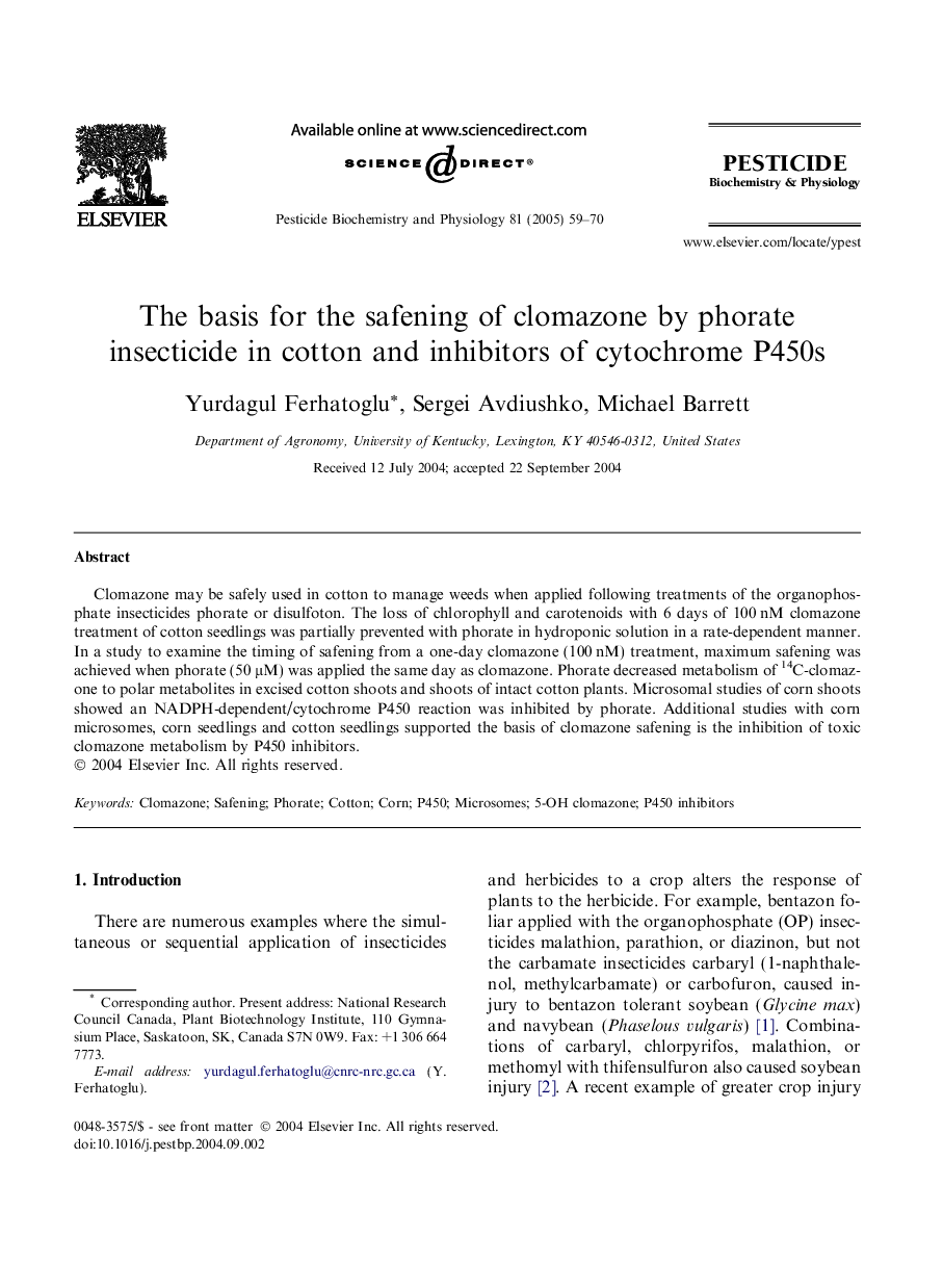 The basis for the safening of clomazone by phorate insecticide in cotton and inhibitors of cytochrome P450s