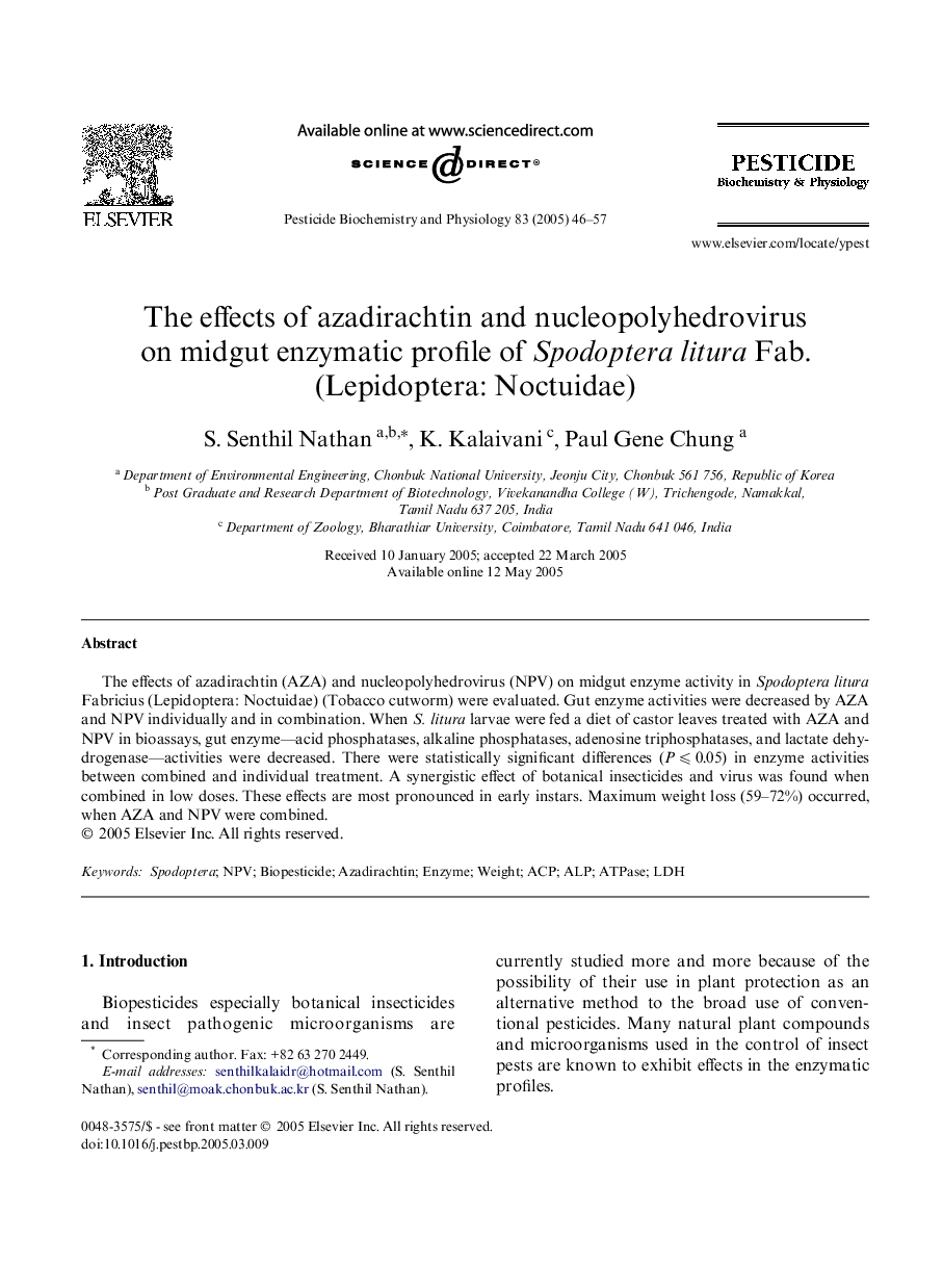 The effects of azadirachtin and nucleopolyhedrovirus on midgut enzymatic profile of Spodoptera litura Fab. (Lepidoptera: Noctuidae)