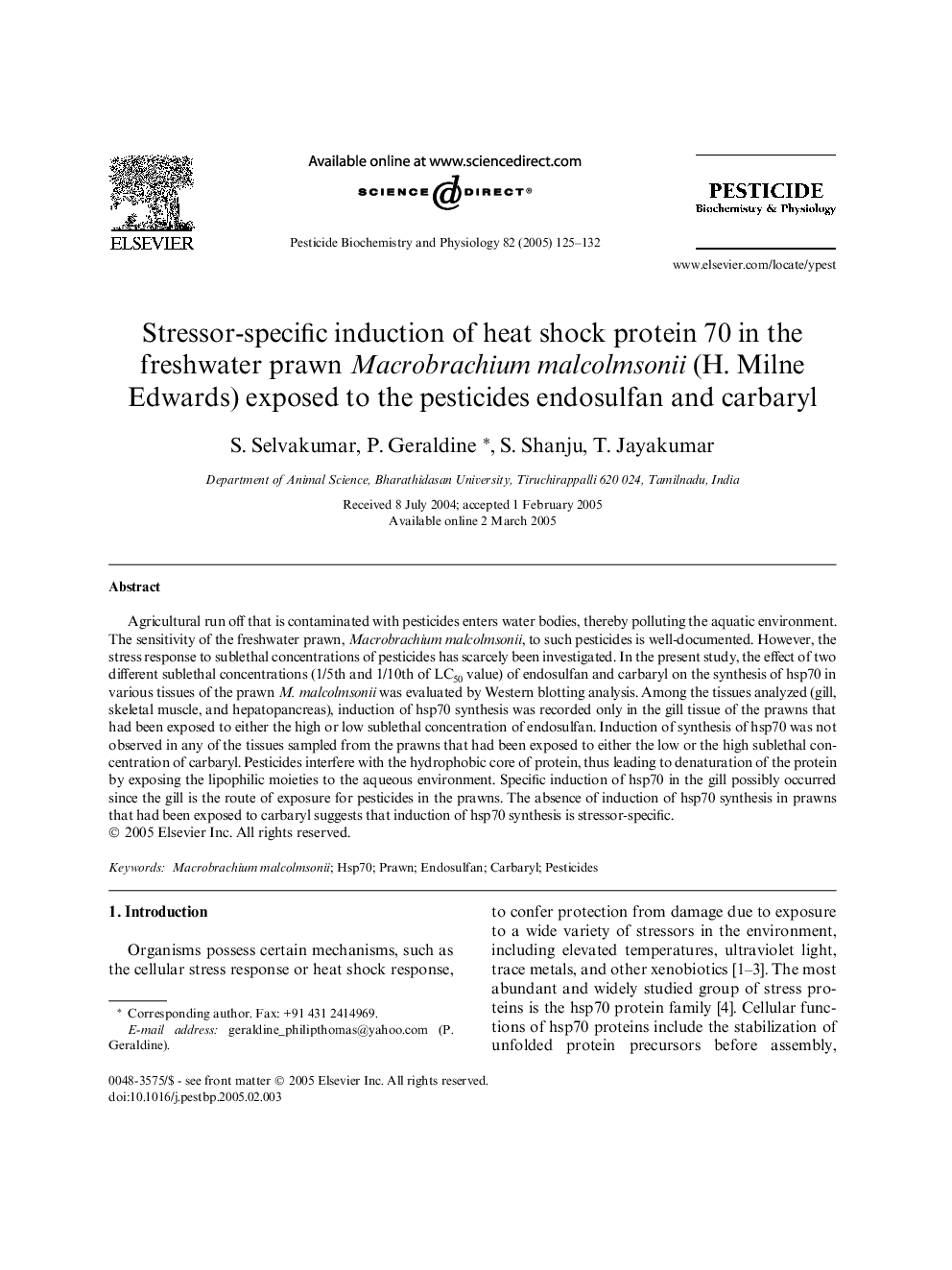 Stressor-specific induction of heat shock protein 70 in the freshwater prawn Macrobrachium malcolmsonii (H. Milne Edwards) exposed to the pesticides endosulfan and carbaryl