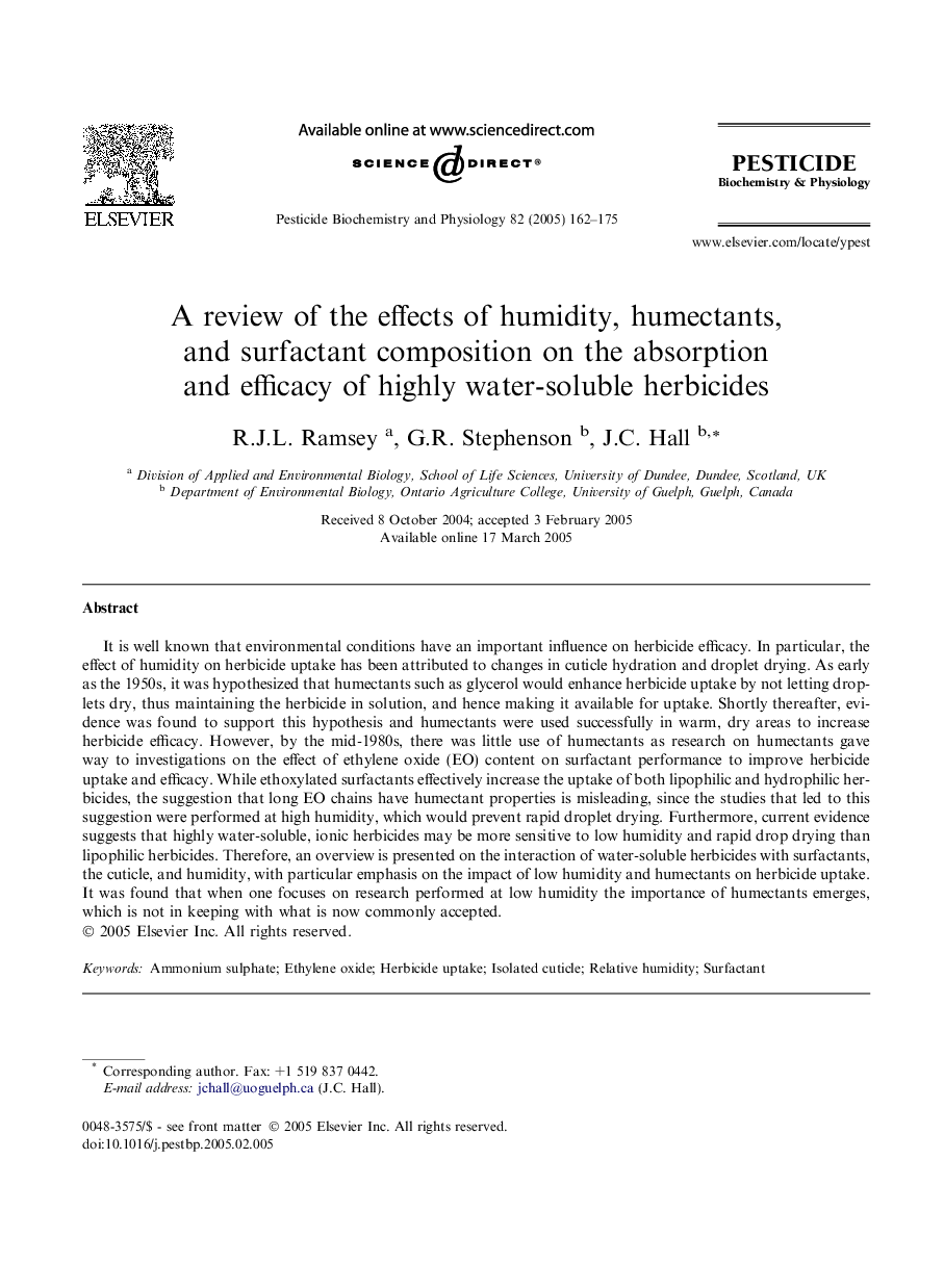 عکس صفحه اول مقاله: A review of the effects of humidity, humectants, and surfactant composition on the absorption and efficacy of highly water-soluble herbicides A review of the effects of humidity, humectants, and surfactant composition on the absorption and efficacy of highly water-soluble herbicides