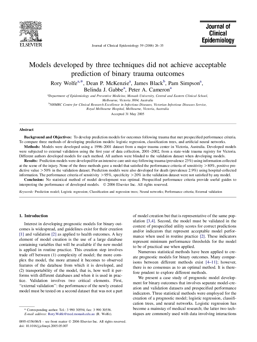 Models developed by three techniques did not achieve acceptable prediction of binary trauma outcomes