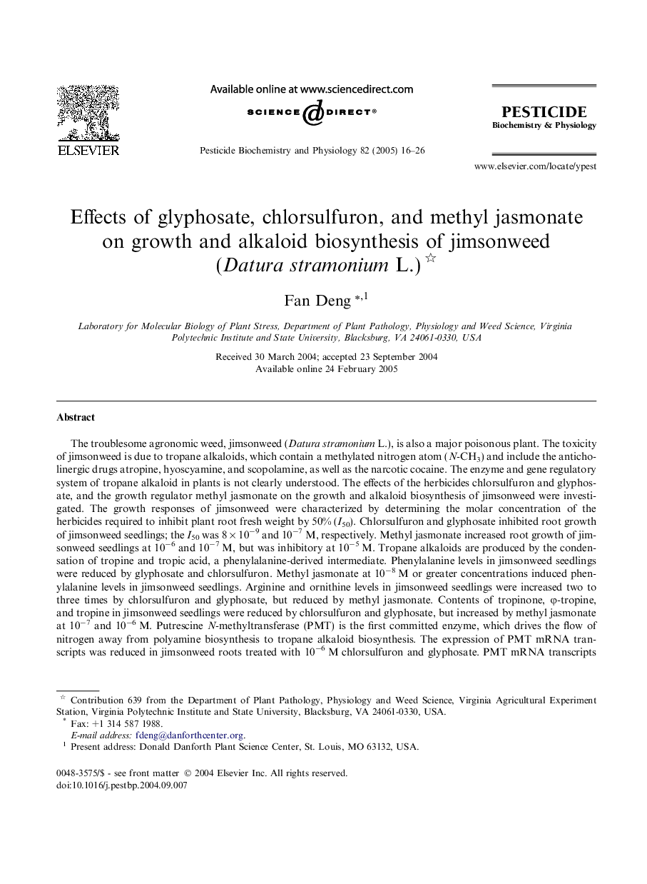 Effects of glyphosate, chlorsulfuron, and methyl jasmonate on growth and alkaloid biosynthesis of jimsonweed (Datura stramonium L.)
