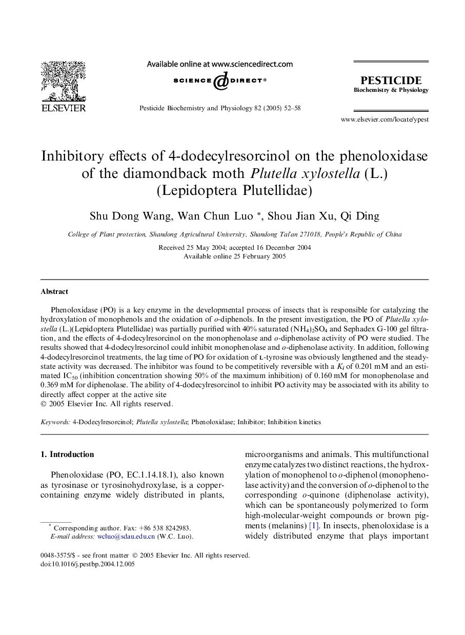 Inhibitory effects of 4-dodecylresorcinol on the phenoloxidase of the diamondback moth Plutella xylostella (L.) (Lepidoptera Plutellidae)