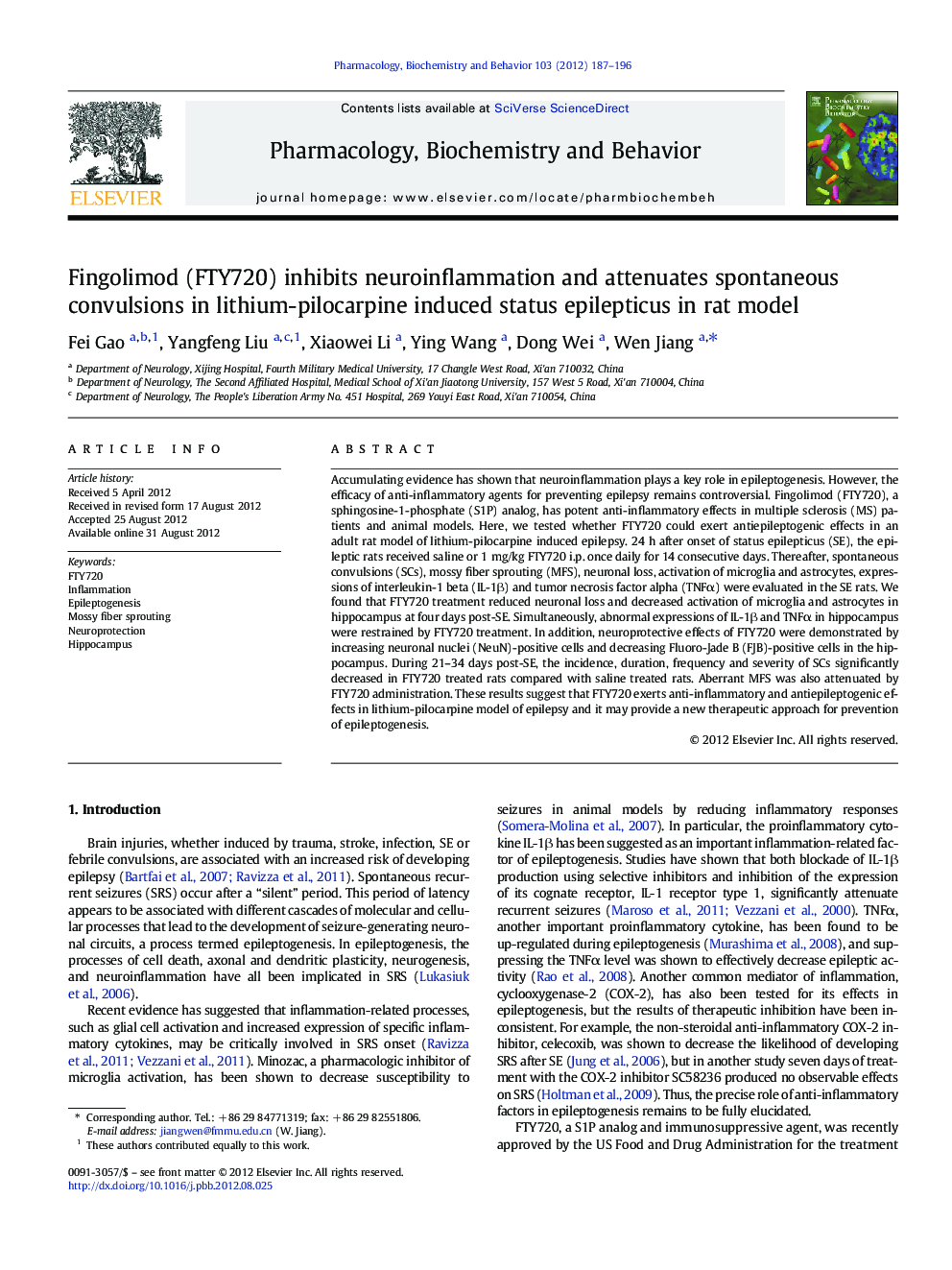 Fingolimod (FTY720) inhibits neuroinflammation and attenuates spontaneous convulsions in lithium-pilocarpine induced status epilepticus in rat model