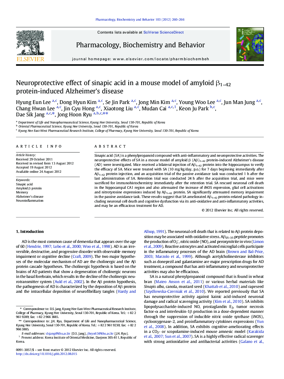 Neuroprotective effect of sinapic acid in a mouse model of amyloid Î²1-42 protein-induced Alzheimer's disease