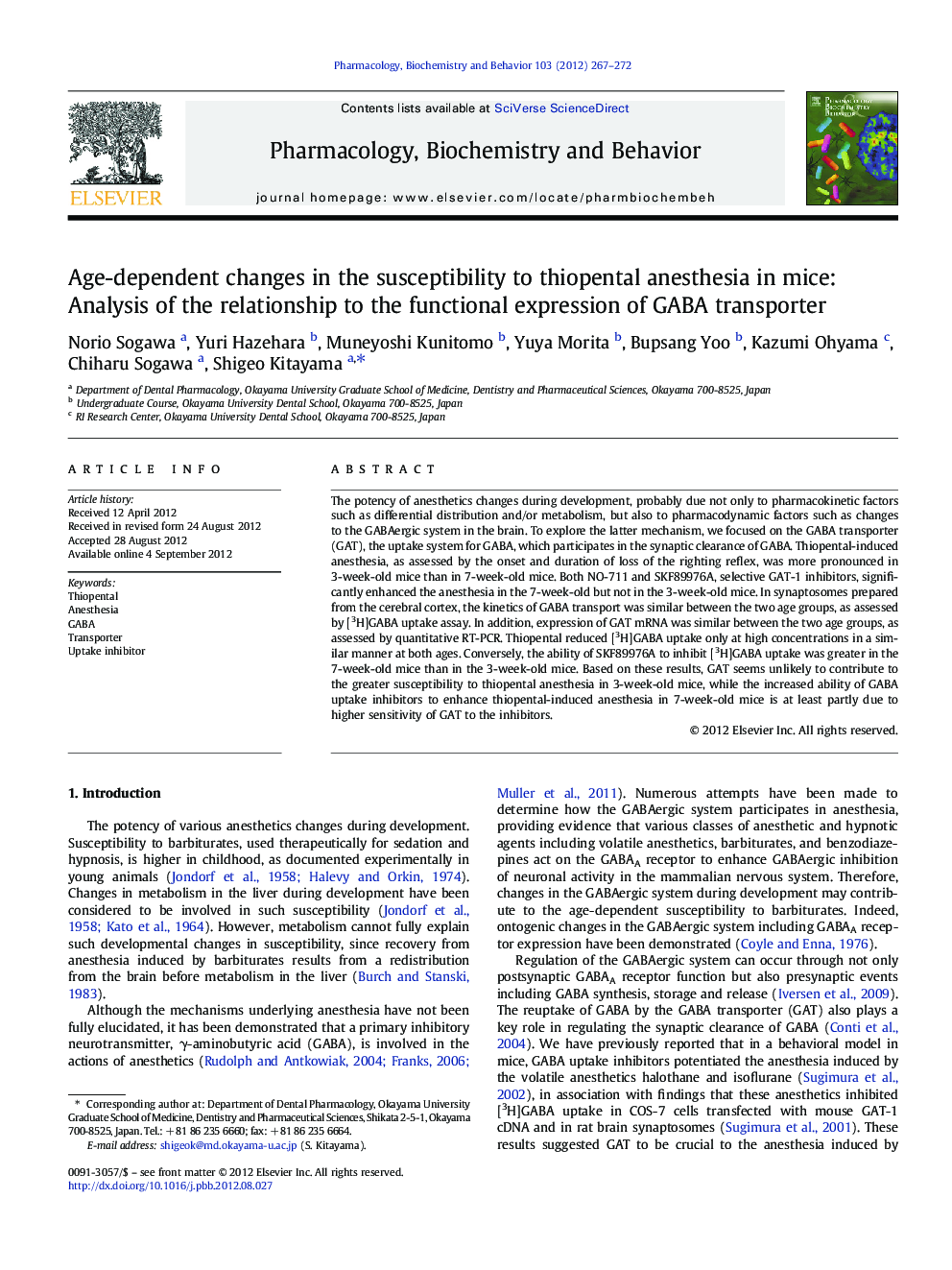 Age-dependent changes in the susceptibility to thiopental anesthesia in mice: Analysis of the relationship to the functional expression of GABA transporter