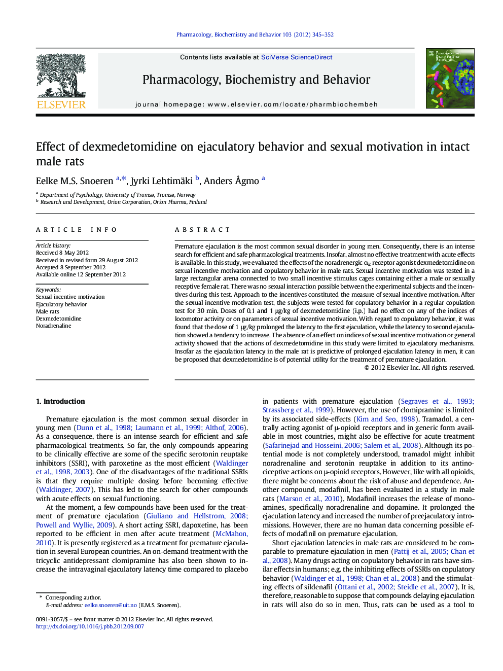 Effect of dexmedetomidine on ejaculatory behavior and sexual motivation in intact male rats