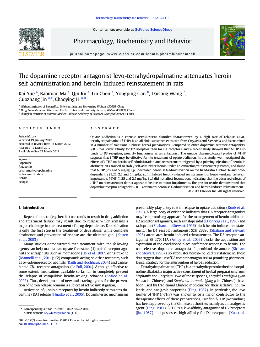 The dopamine receptor antagonist levo-tetrahydropalmatine attenuates heroin self-administration and heroin-induced reinstatement in rats