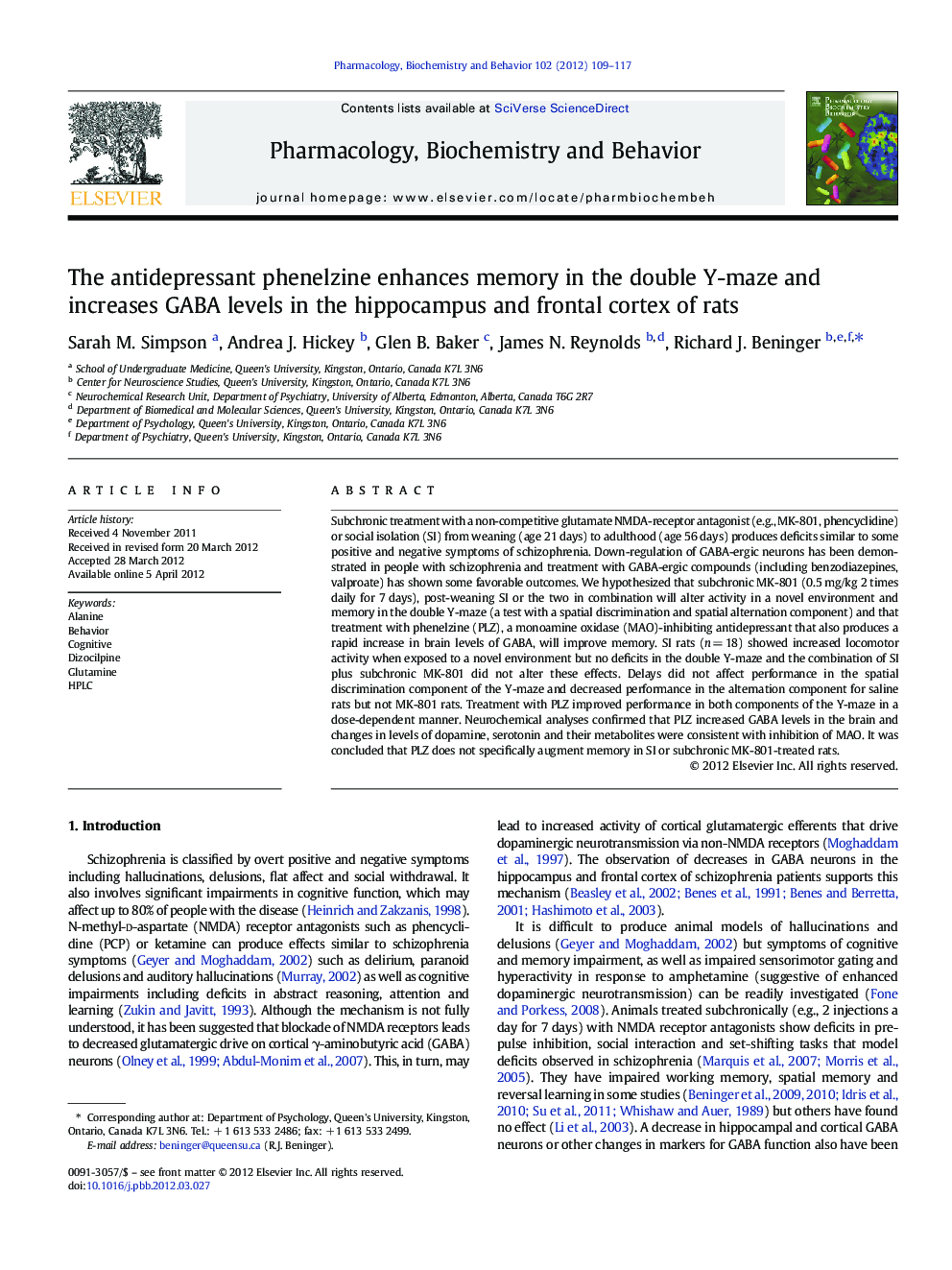 The antidepressant phenelzine enhances memory in the double Y-maze and increases GABA levels in the hippocampus and frontal cortex of rats