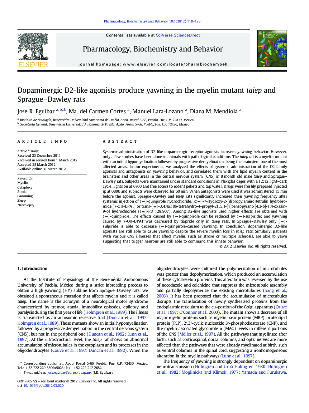 Dopaminergic D2-like agonists produce yawning in the myelin mutant taiep and Sprague-Dawley rats