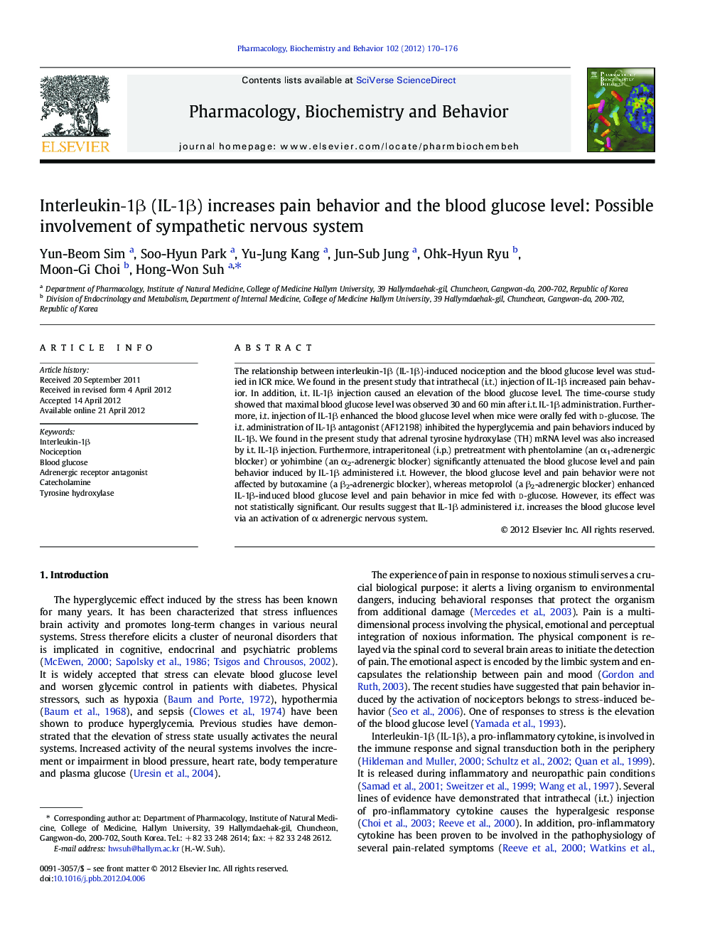 Interleukinâ1Î² (ILâ1Î²) increases pain behavior and the blood glucose level: Possible involvement of sympathetic nervous system