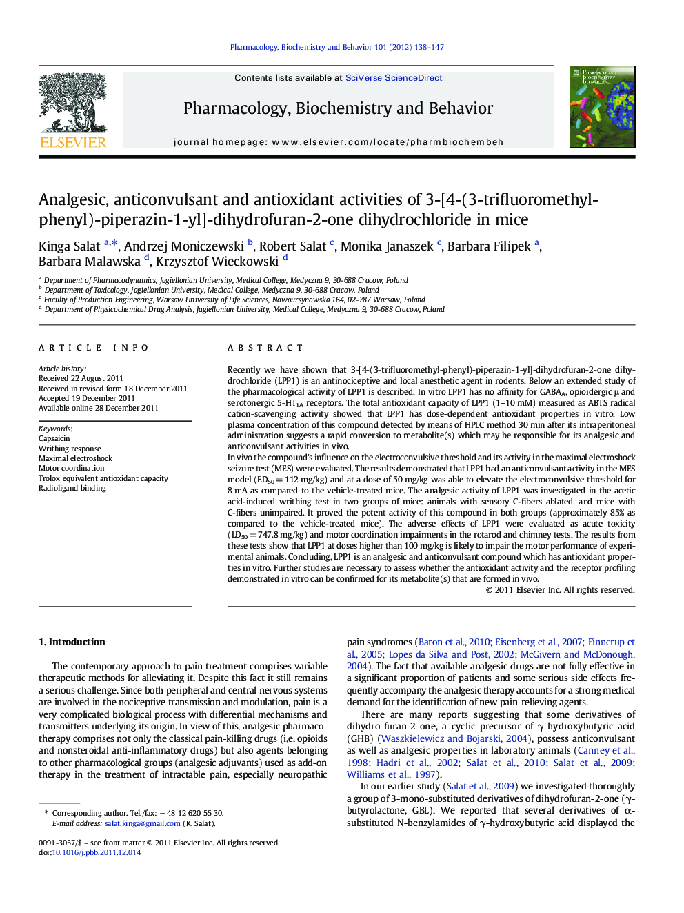 Analgesic, anticonvulsant and antioxidant activities of 3-[4-(3-trifluoromethyl-phenyl)-piperazin-1-yl]-dihydrofuran-2-one dihydrochloride in mice