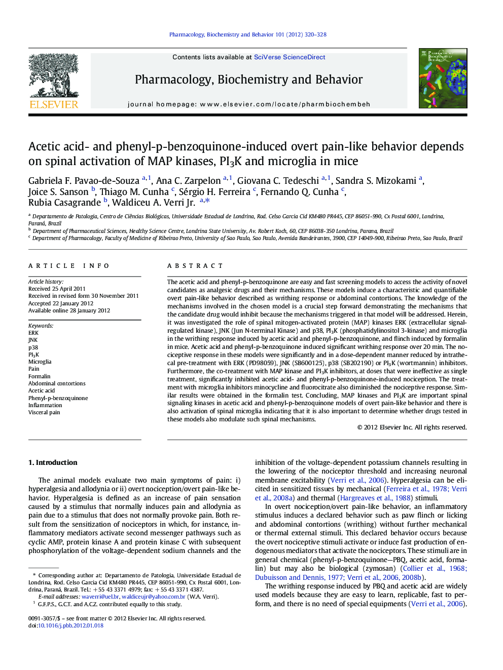 Acetic acid- and phenyl-p-benzoquinone-induced overt pain-like behavior depends on spinal activation of MAP kinases, PI3K and microglia in mice