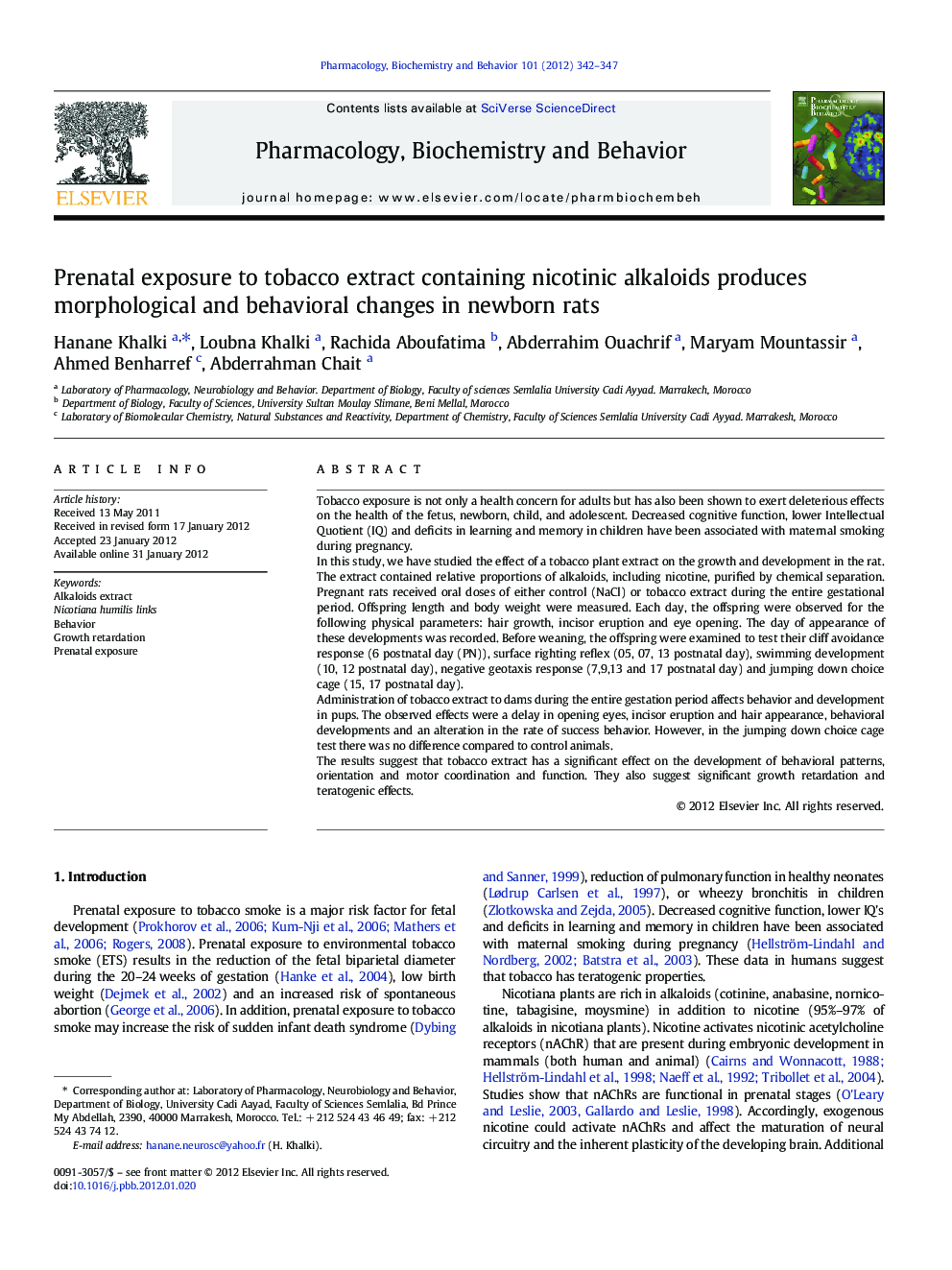 Prenatal exposure to tobacco extract containing nicotinic alkaloids produces morphological and behavioral changes in newborn rats