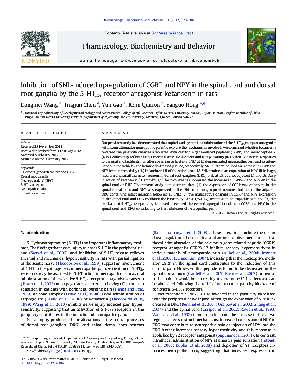 Inhibition of SNL-induced upregulation of CGRP and NPY in the spinal cord and dorsal root ganglia by the 5-HT2A receptor antagonist ketanserin in rats