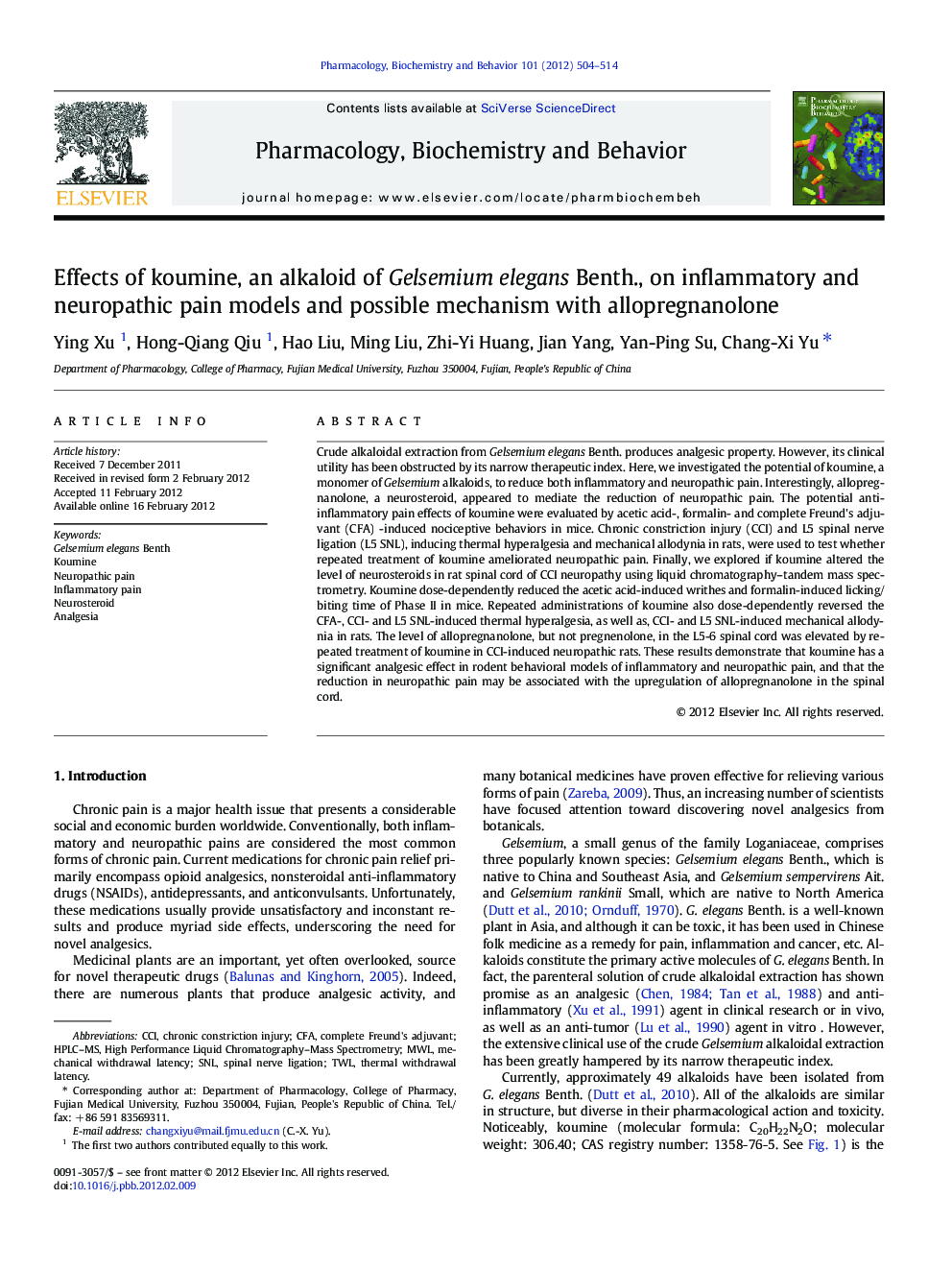 Effects of koumine, an alkaloid of Gelsemium elegans Benth., on inflammatory and neuropathic pain models and possible mechanism with allopregnanolone