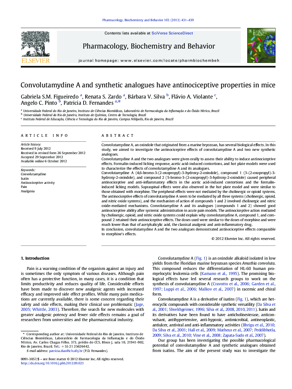 Convolutamydine A and synthetic analogues have antinociceptive properties in mice