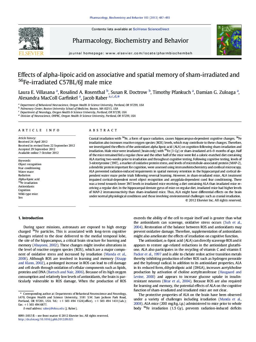 Effects of alpha-lipoic acid on associative and spatial memory of sham-irradiated and 56Fe-irradiated C57BL/6J male mice