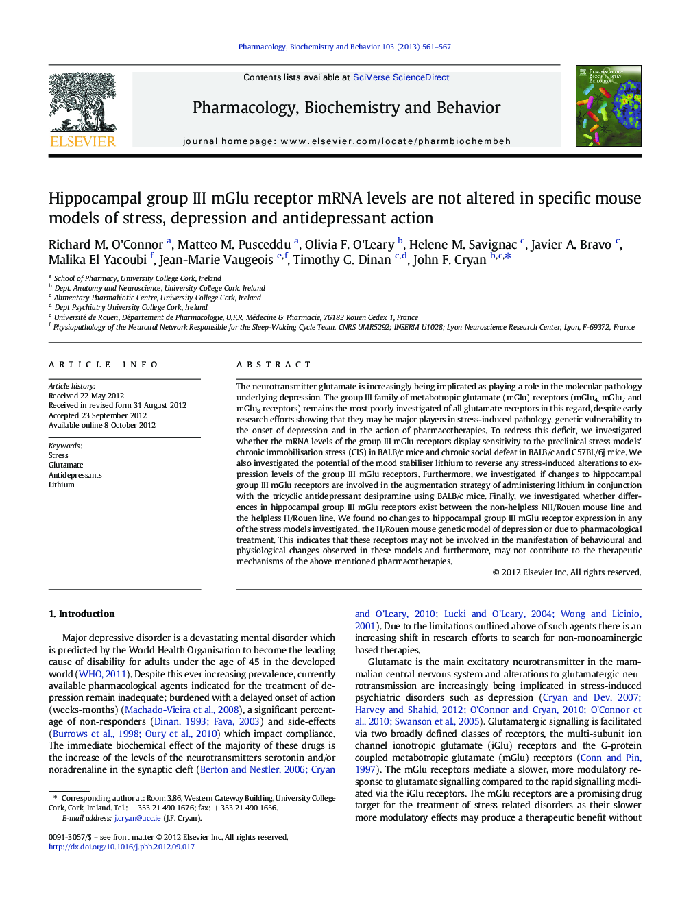 Hippocampal group III mGlu receptor mRNA levels are not altered in specific mouse models of stress, depression and antidepressant action