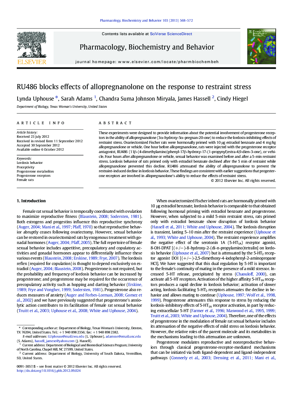 RU486 blocks effects of allopregnanolone on the response to restraint stress