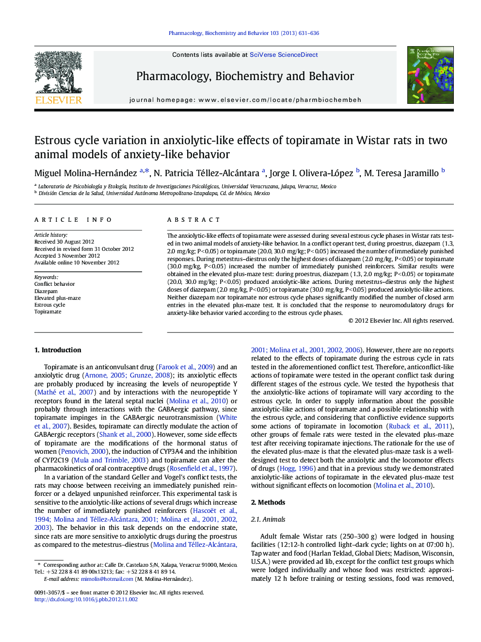 Estrous cycle variation in anxiolytic-like effects of topiramate in Wistar rats in two animal models of anxiety-like behavior