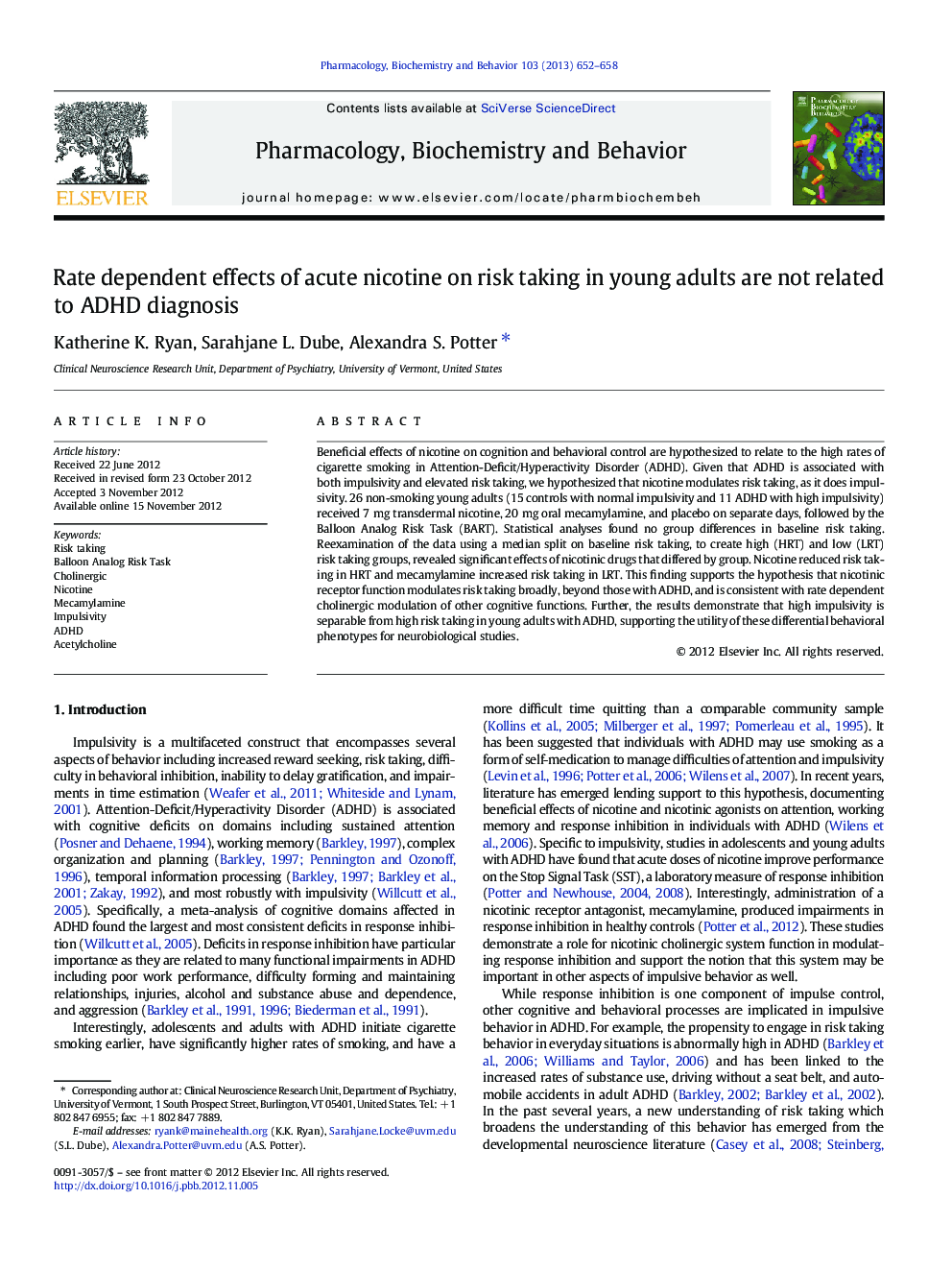 Rate dependent effects of acute nicotine on risk taking in young adults are not related to ADHD diagnosis