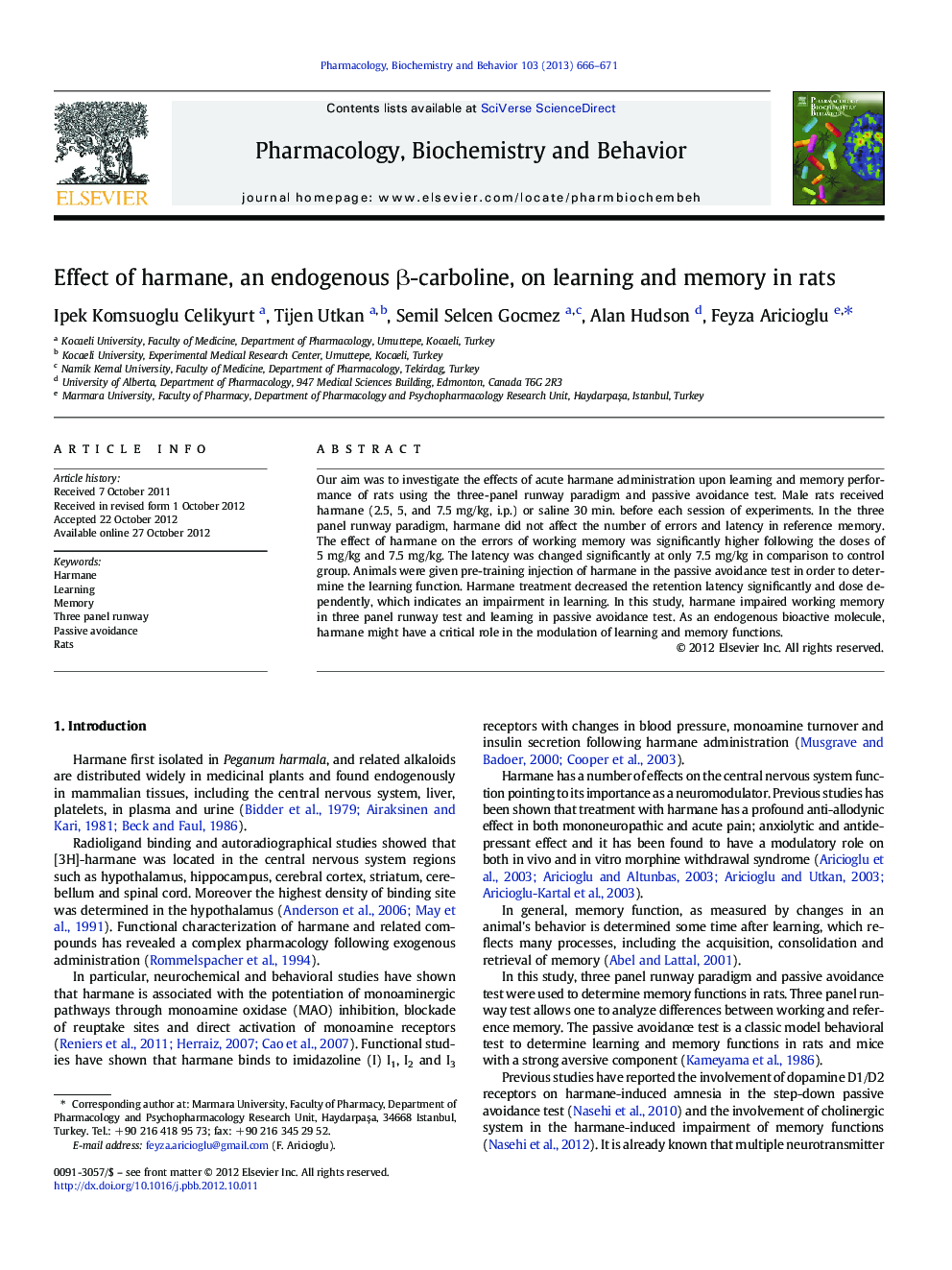 Effect of harmane, an endogenous Î²-carboline, on learning and memory in rats