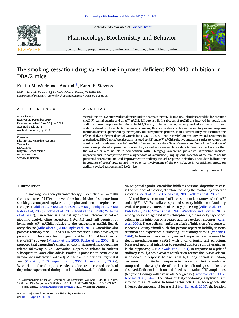 The smoking cessation drug varenicline improves deficient P20-N40 inhibition in DBA/2 mice