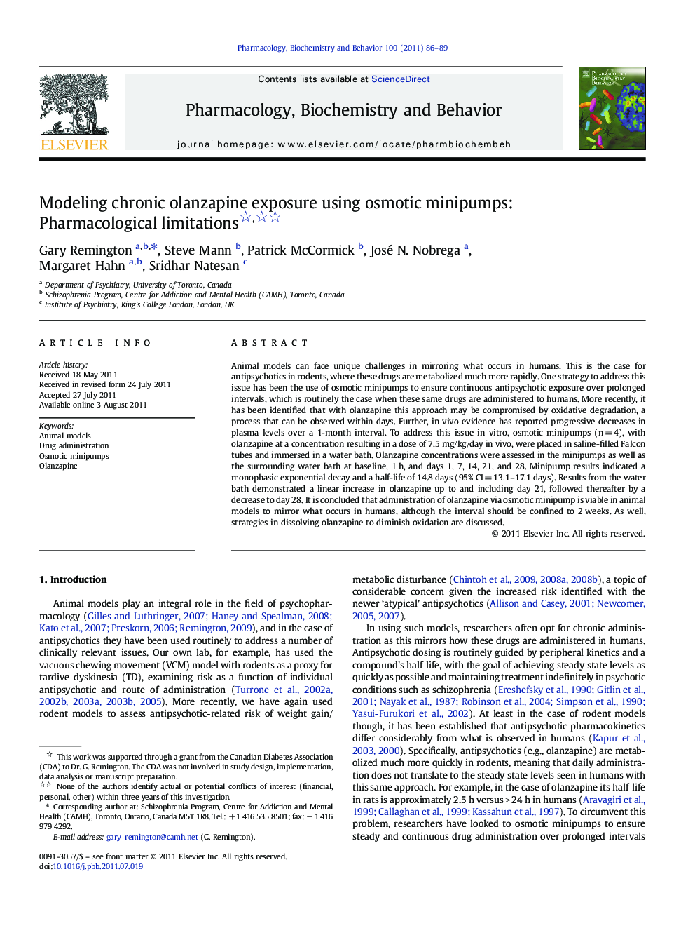 Modeling chronic olanzapine exposure using osmotic minipumps: Pharmacological limitations