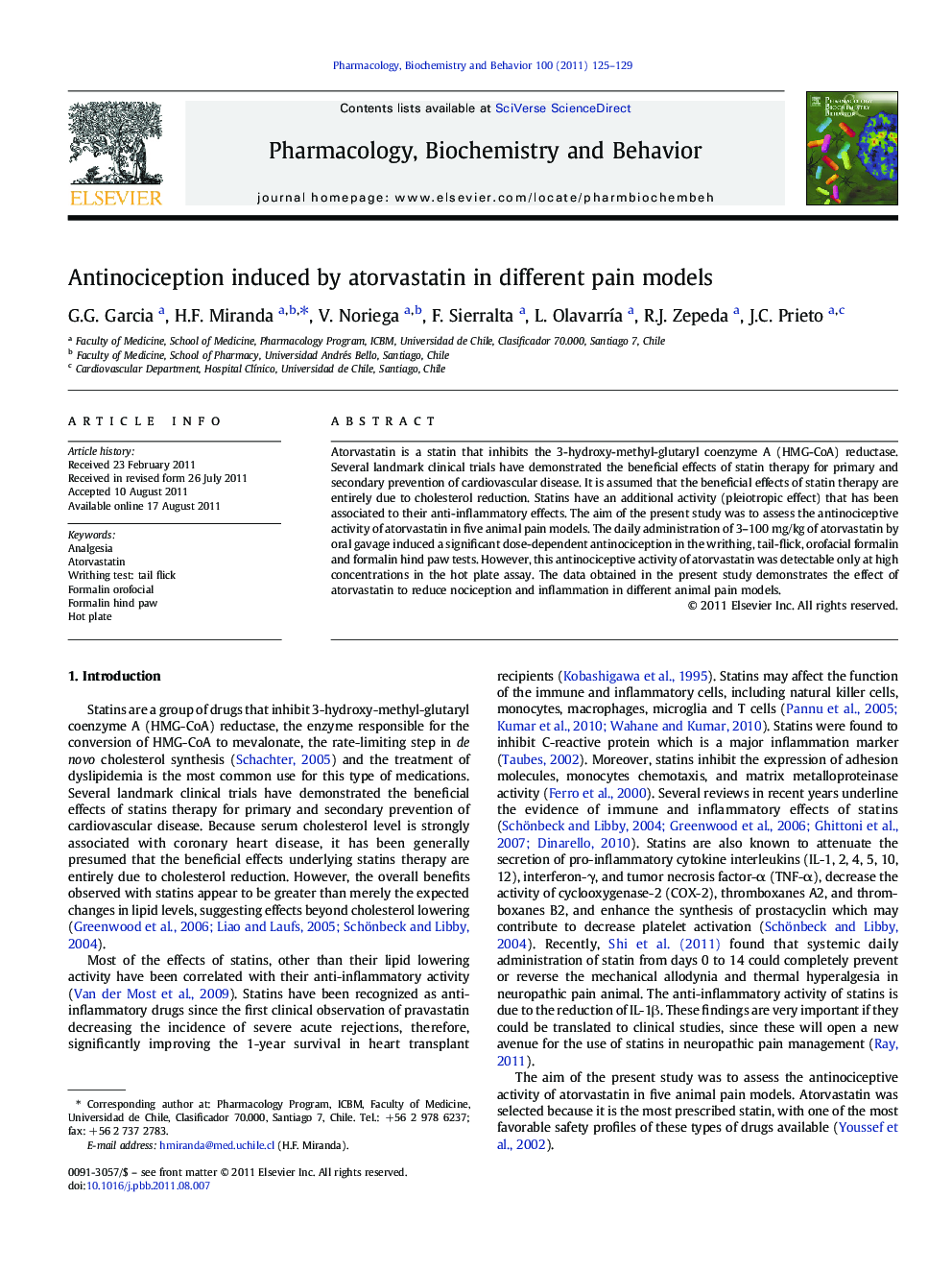 Antinociception induced by atorvastatin in different pain models