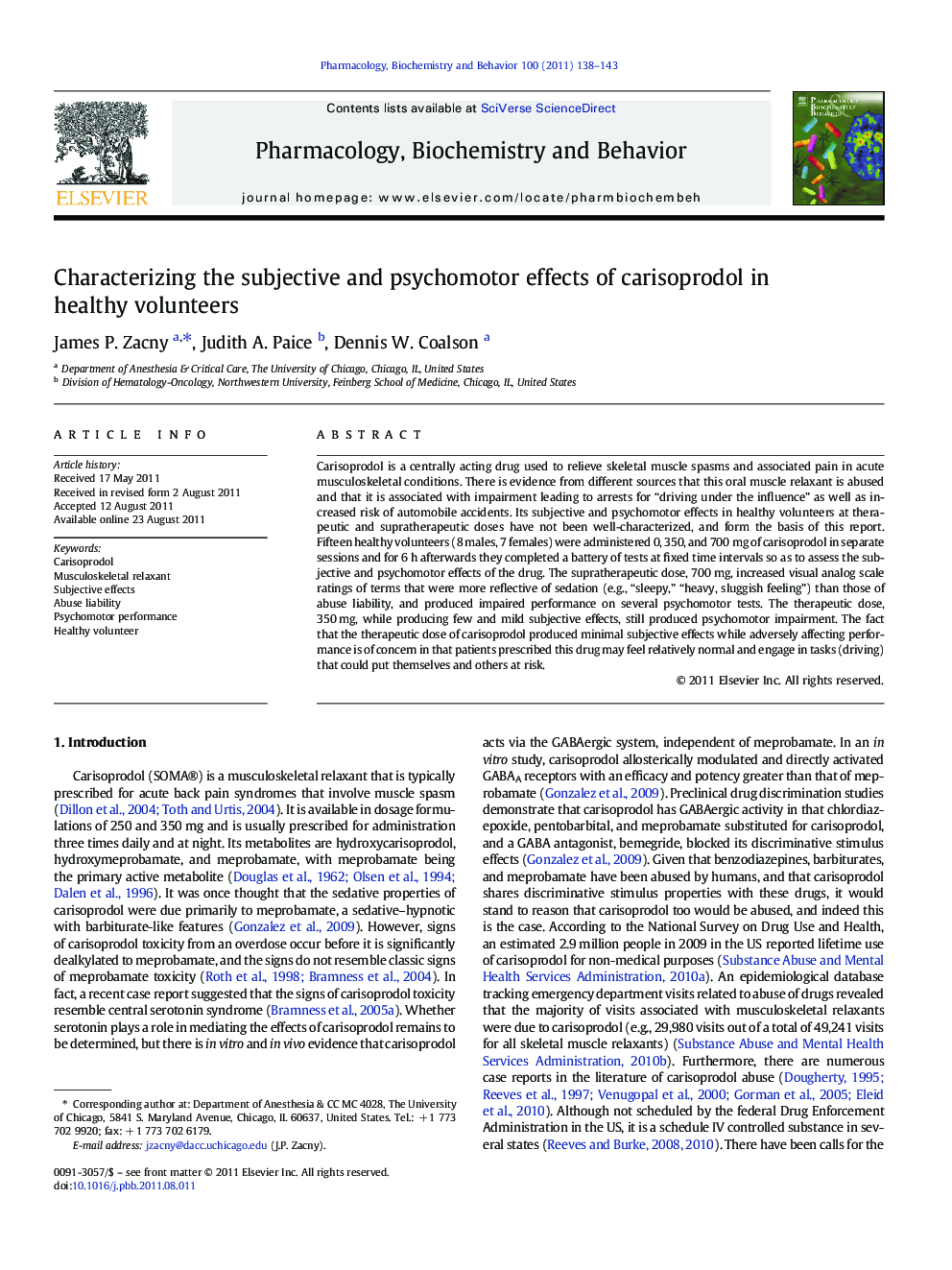 Characterizing the subjective and psychomotor effects of carisoprodol in healthy volunteers