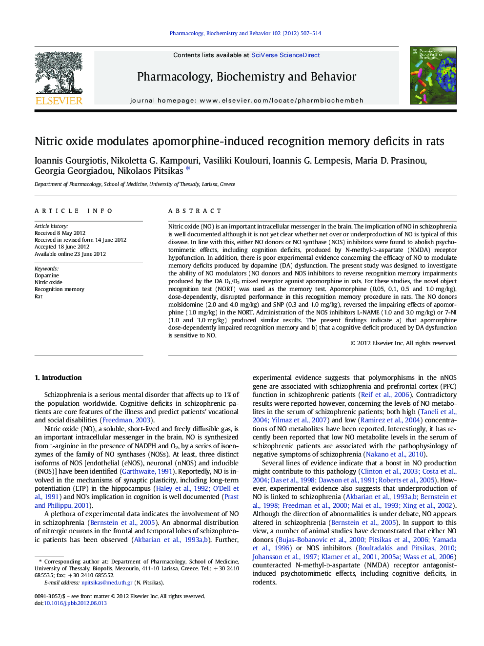 Nitric oxide modulates apomorphine-induced recognition memory deficits in rats