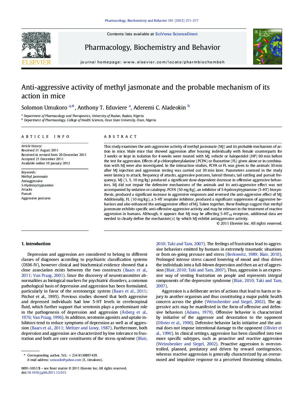 Anti-aggressive activity of methyl jasmonate and the probable mechanism of its action in mice