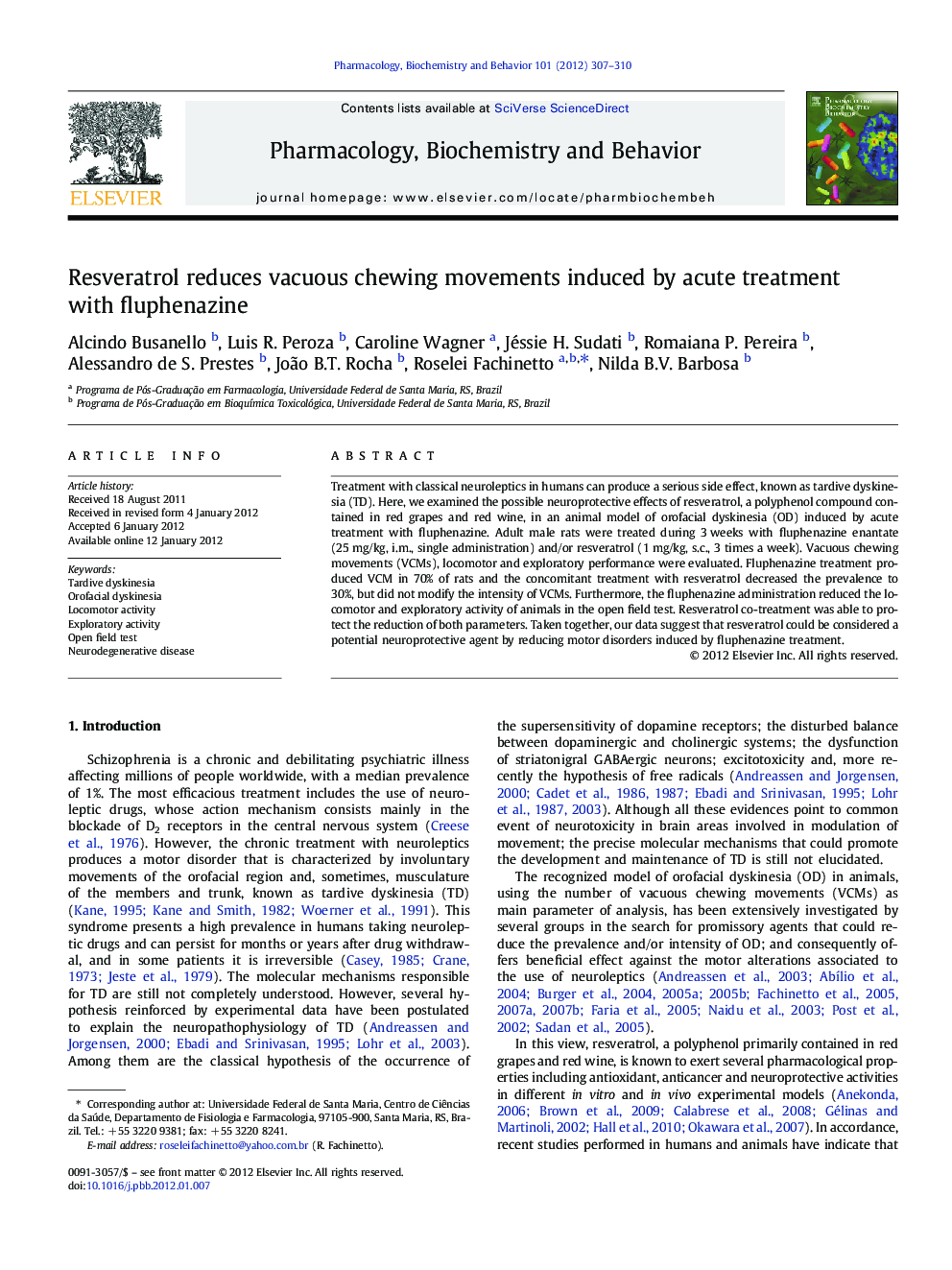 Resveratrol reduces vacuous chewing movements induced by acute treatment with fluphenazine