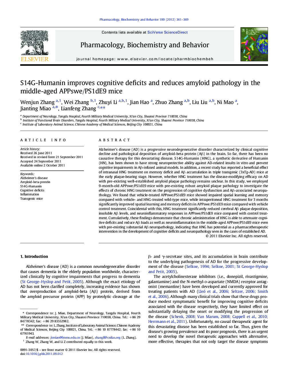 S14G-Humanin improves cognitive deficits and reduces amyloid pathology in the middle-aged APPswe/PS1dE9 mice