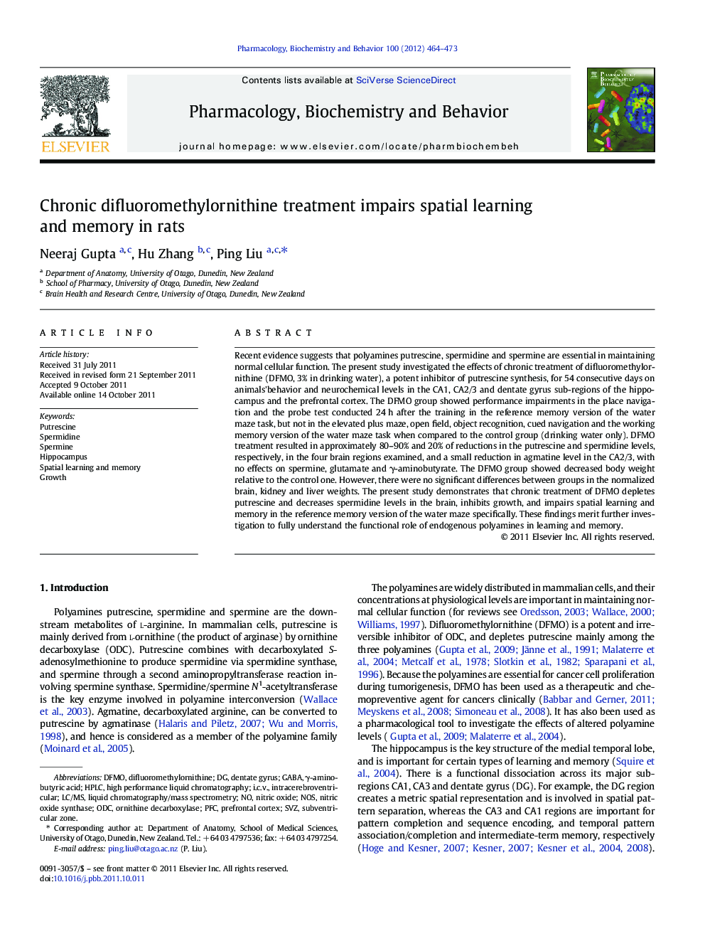 Chronic difluoromethylornithine treatment impairs spatial learning and memory in rats