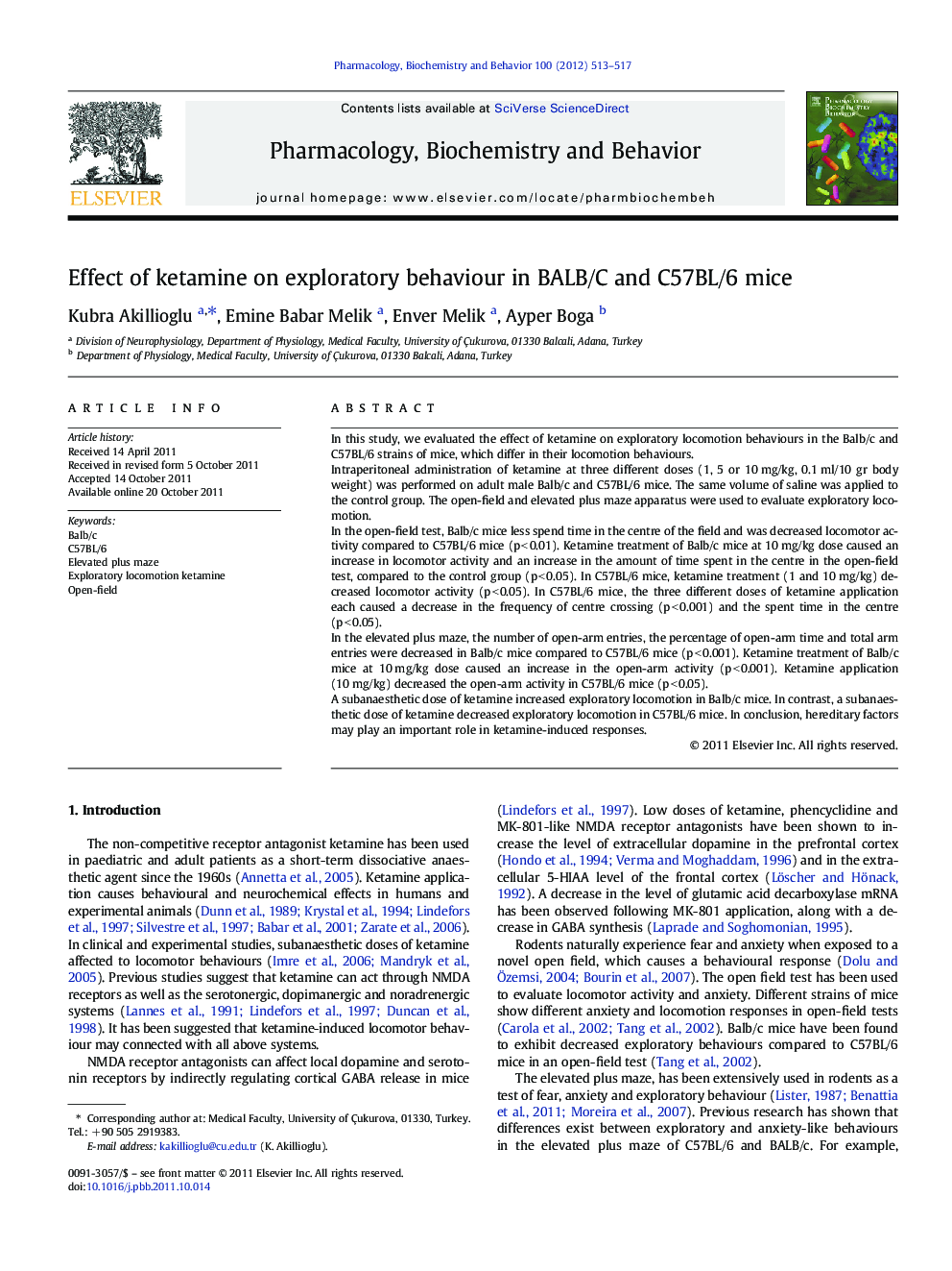 Effect of ketamine on exploratory behaviour in BALB/C and C57BL/6 mice