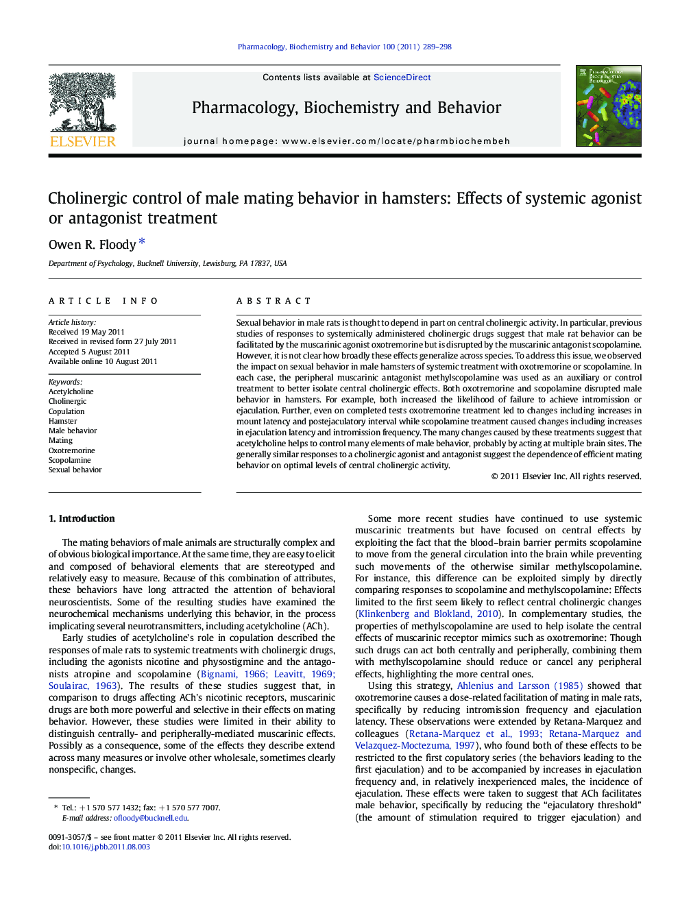 Cholinergic control of male mating behavior in hamsters: Effects of systemic agonist or antagonist treatment