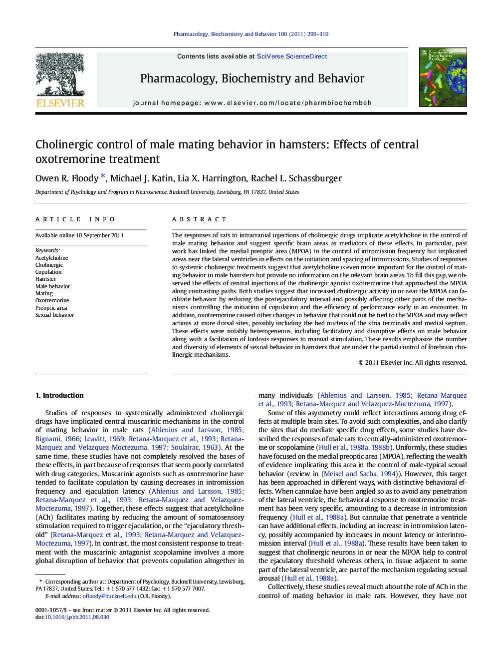 Cholinergic control of male mating behavior in hamsters: Effects of central oxotremorine treatment