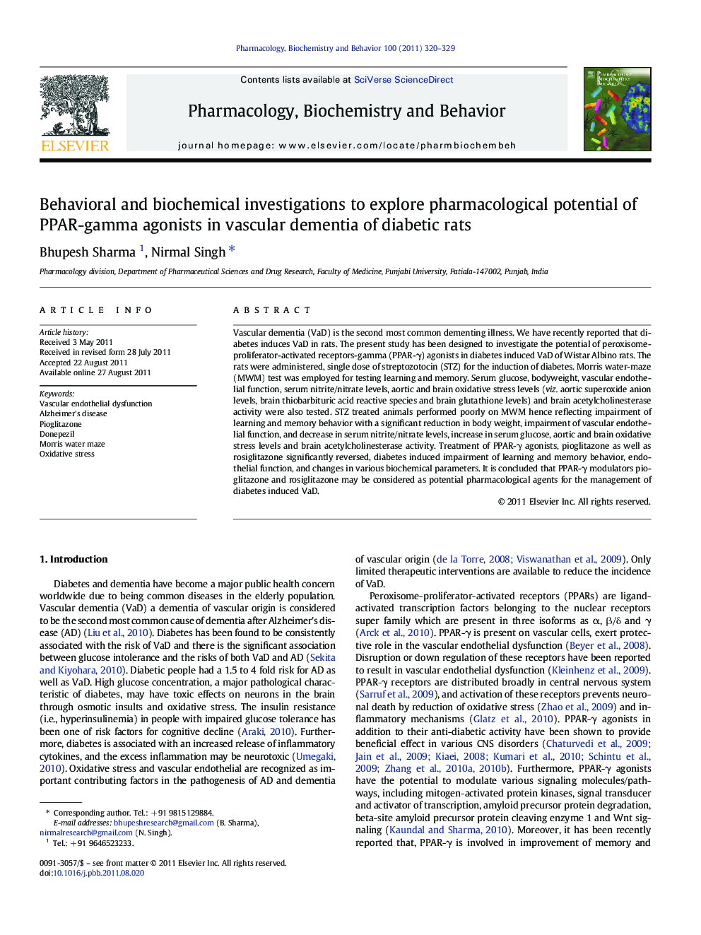 Behavioral and biochemical investigations to explore pharmacological potential of PPAR-gamma agonists in vascular dementia of diabetic rats