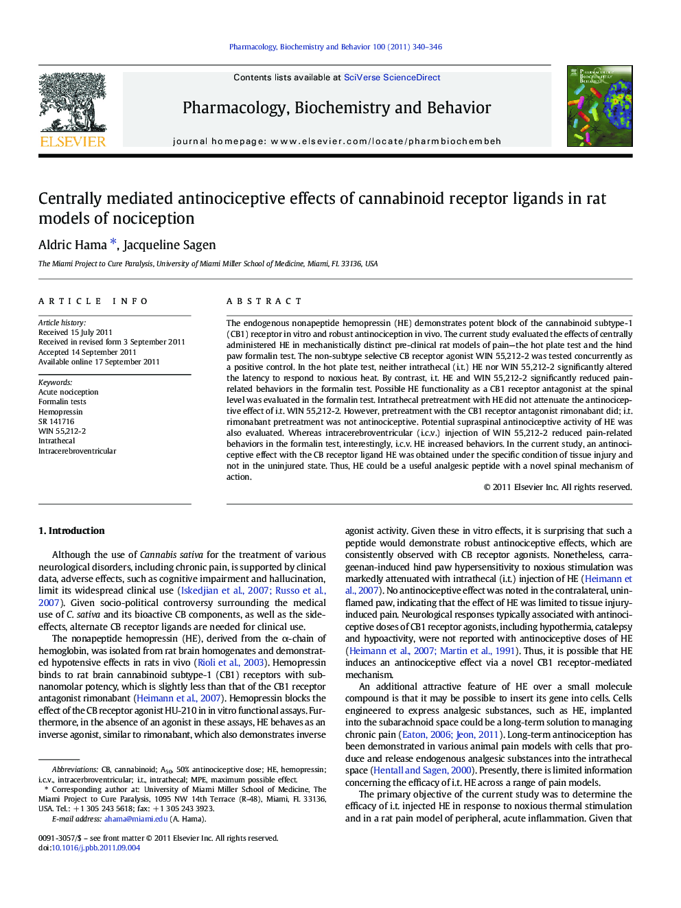 Centrally mediated antinociceptive effects of cannabinoid receptor ligands in rat models of nociception