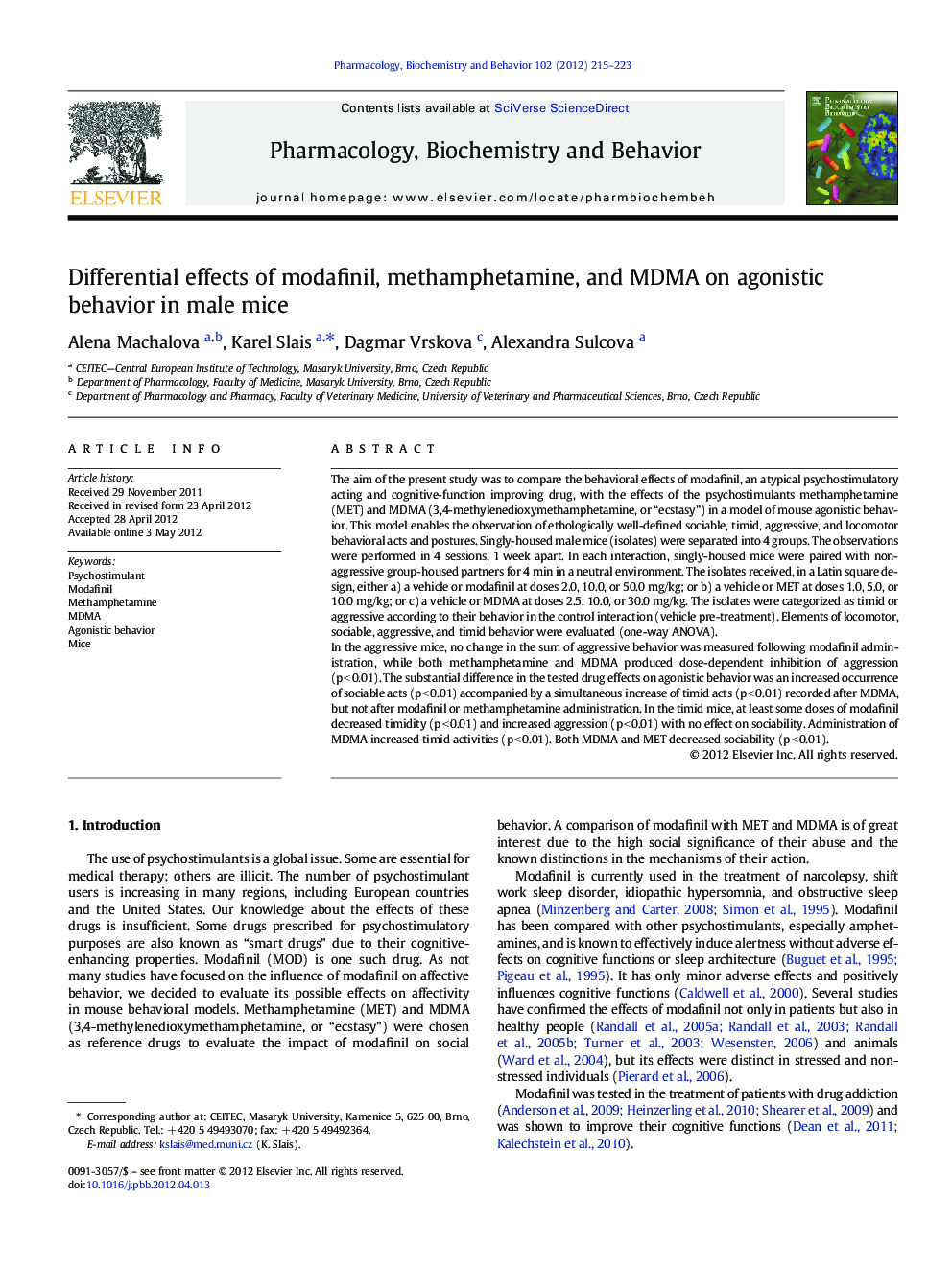 Differential effects of modafinil, methamphetamine, and MDMA on agonistic behavior in male mice