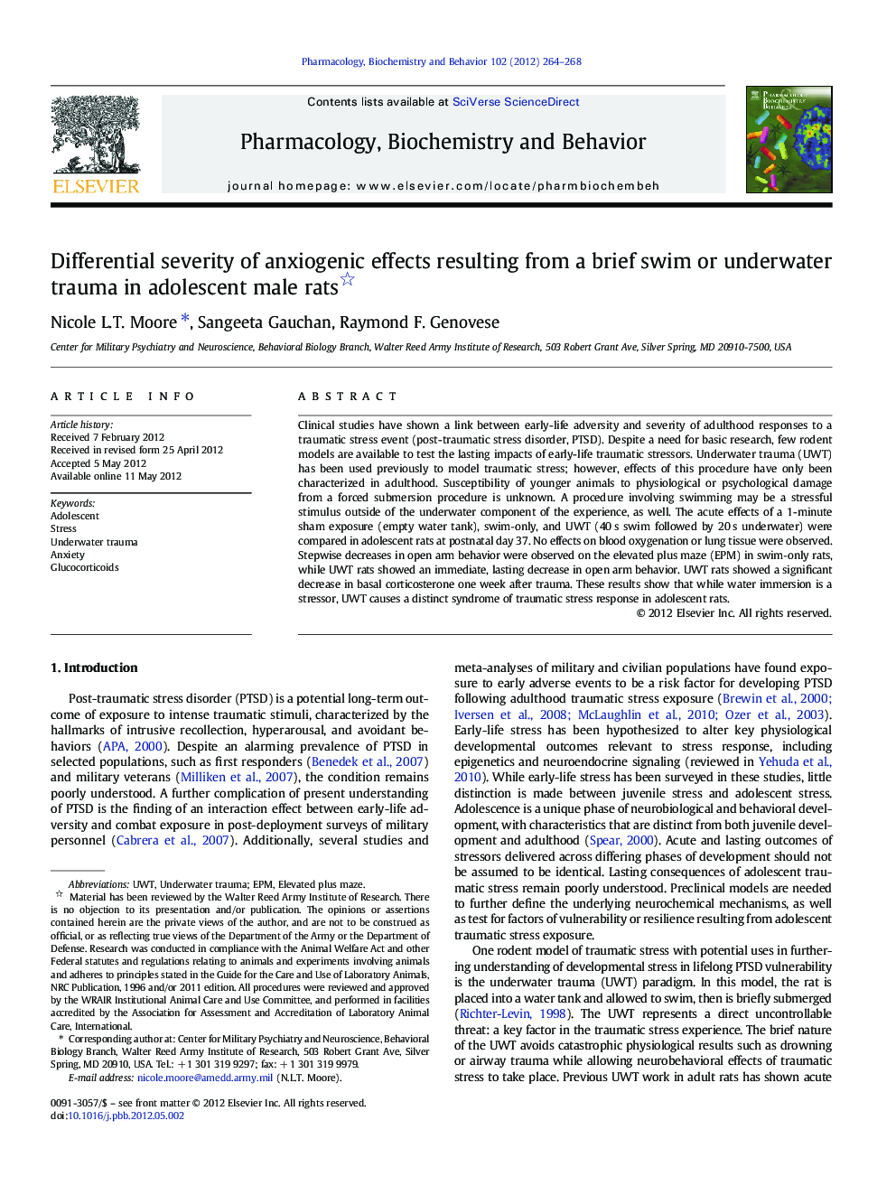 عکس صفحه اول مقاله: Differential severity of anxiogenic effects resulting from a brief swim or underwater trauma in adolescent male rats Differential severity of anxiogenic effects resulting from a brief swim or underwater trauma in adolescent male rats