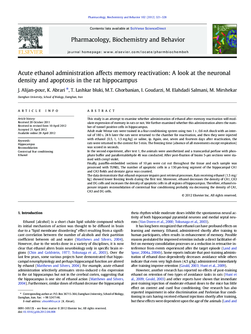 عکس صفحه اول مقاله: RETRACTED: Acute ethanol administration affects memory reactivation: A look at the neuronal density and apoptosis in the rat hippocampus RETRACTED: Acute ethanol administration affects memory reactivation: A look at the neuronal density and apoptosis in the rat hippocampus