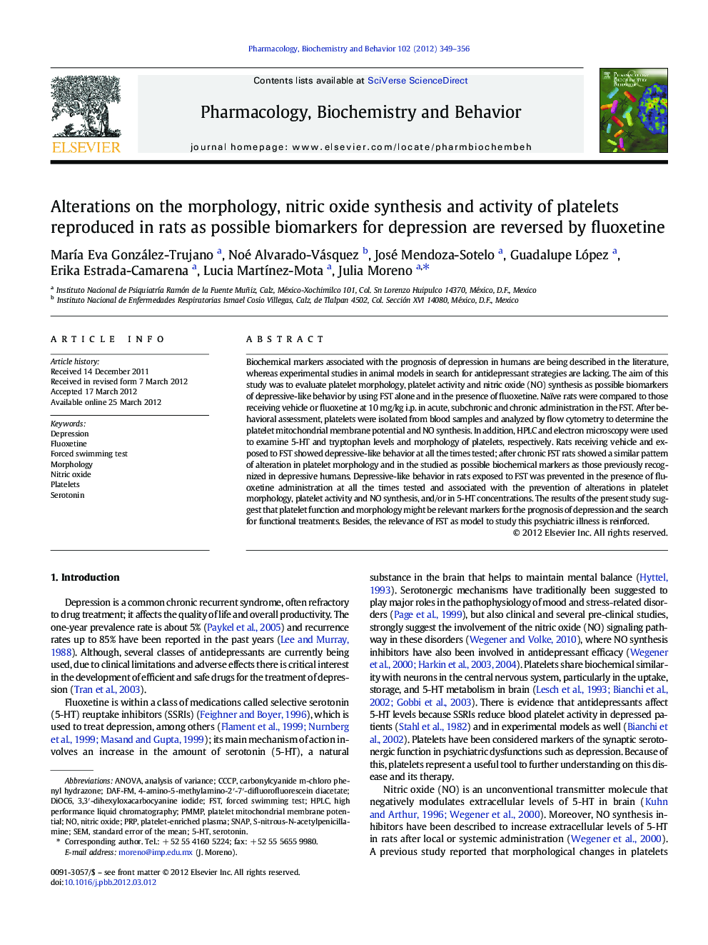 Alterations on the morphology, nitric oxide synthesis and activity of platelets reproduced in rats as possible biomarkers for depression are reversed by fluoxetine