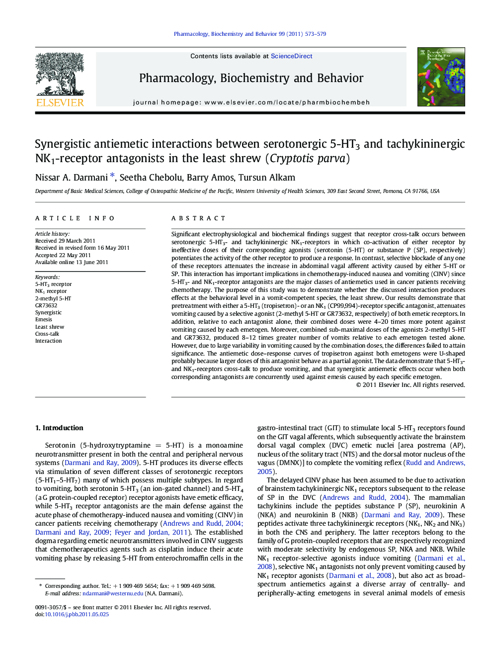 Synergistic antiemetic interactions between serotonergic 5-HT3 and tachykininergic NK1-receptor antagonists in the least shrew (Cryptotis parva)