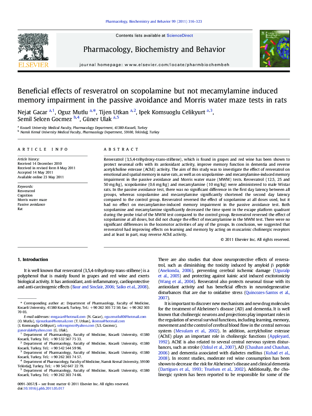 Beneficial effects of resveratrol on scopolamine but not mecamylamine induced memory impairment in the passive avoidance and Morris water maze tests in rats