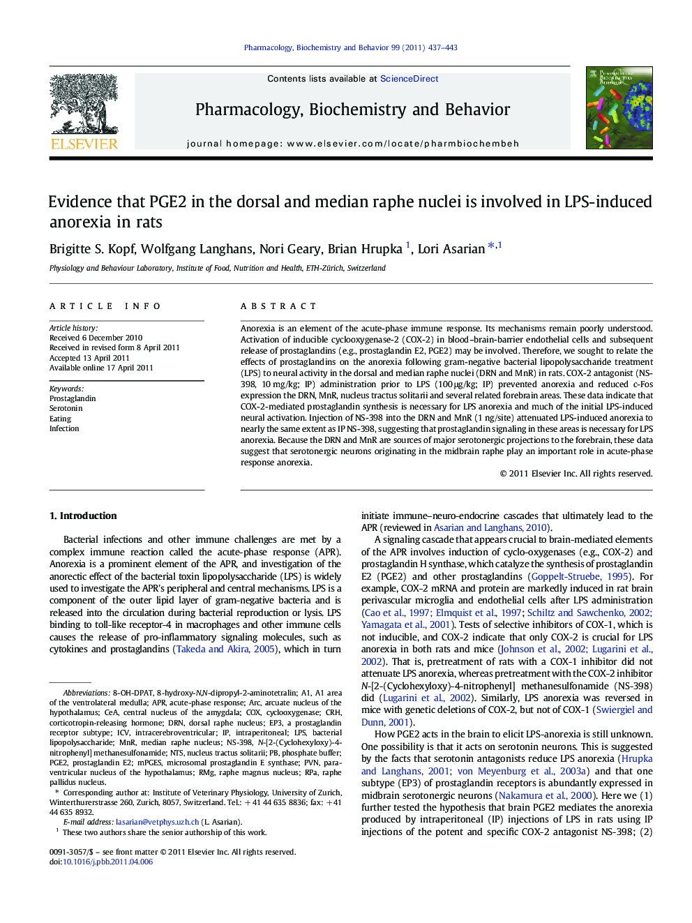 Evidence that PGE2 in the dorsal and median raphe nuclei is involved in LPS-induced anorexia in rats